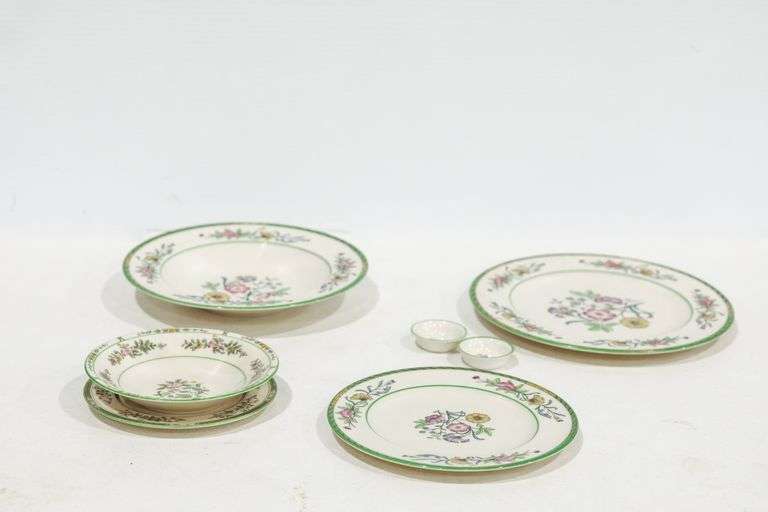 Coxon Belleek plates, soups, salt dishes, fruit bowls