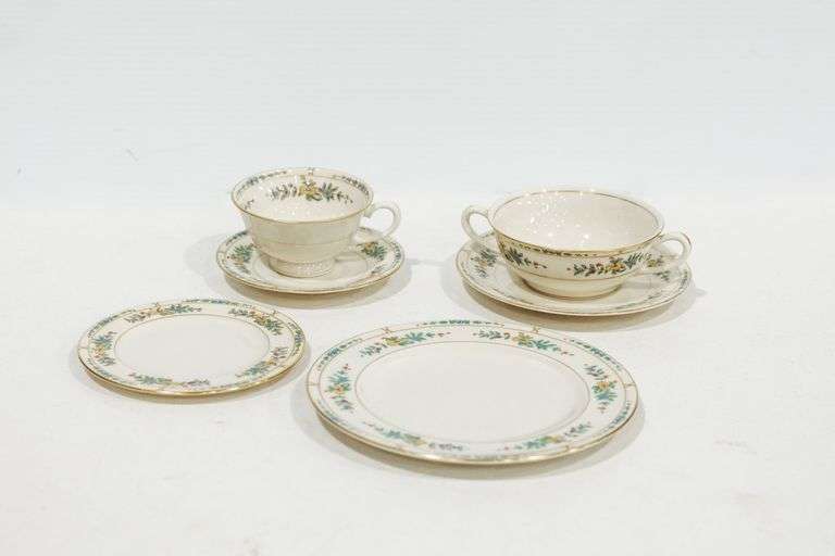 Coxon Belleek Luncheon set: plates, cups, cream soups and bread/butter