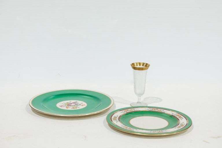 Coxon Belleek Green plates with flowers; Tiffin goblets/parfait