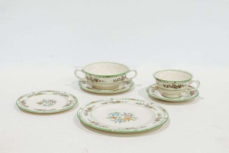 Coxon Belleek Luncheon set: plates, cups, cream soups and bread/butter