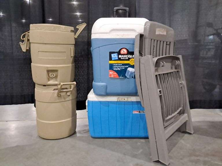 Assorted Coolers, Jugs & Plastic Folding Lawn Chair