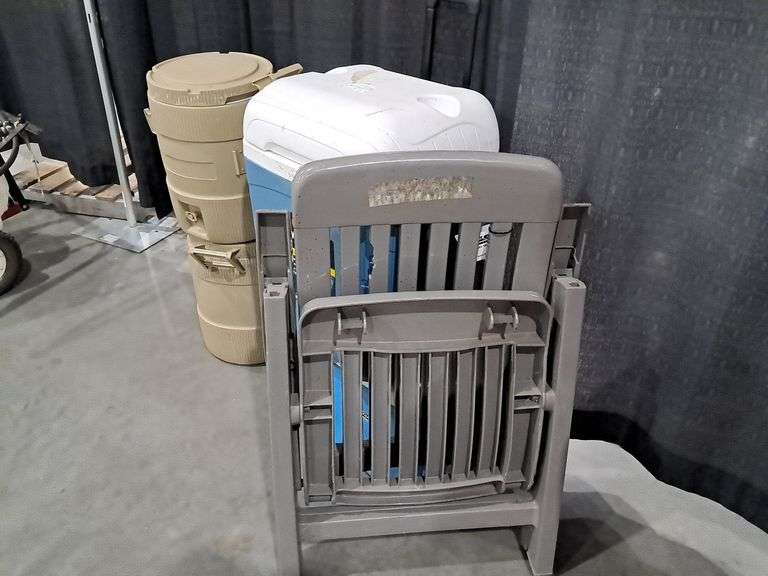 Assorted Coolers, Jugs & Plastic Folding Lawn Chair