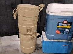 Assorted Coolers, Jugs & Plastic Folding Lawn Chair