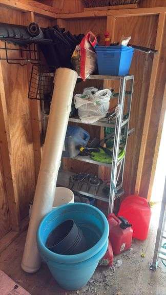 Metal Shelf, Roll of Plastic, Gas cans, & Misc. Supplies