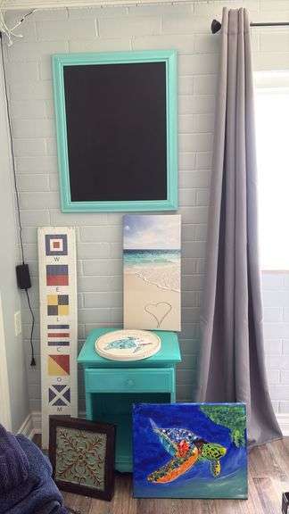 Wooden Night Stand w/ Misc Paintings & Chalkboard
