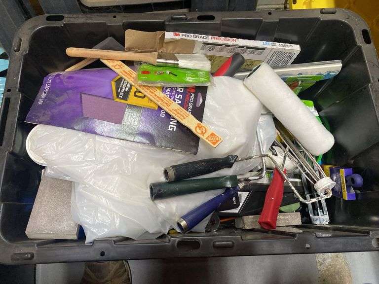 Assorted Paint Supplies & (2) Folding Plastic Saw Horses