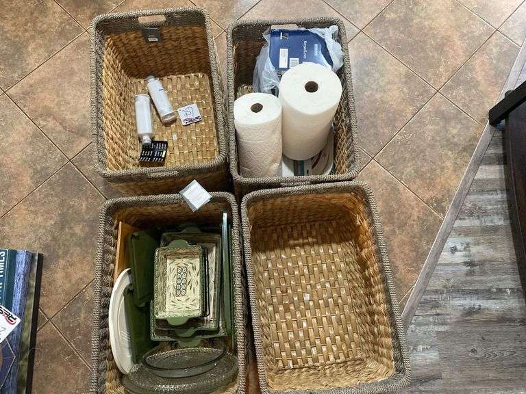 (4) Sea Grass Storage Baskets & Glass Casserole Dishes