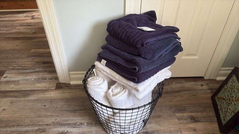 Assorted Bath Towels & Metal Basket