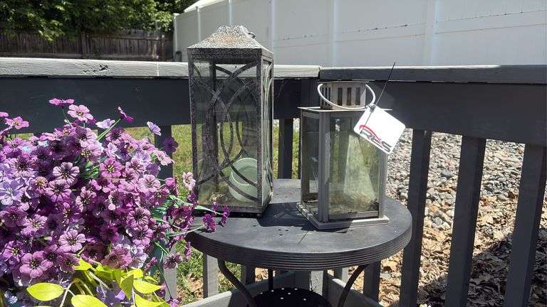 Outdoor Patio Tables w/ Decor & Hurricane Lamps