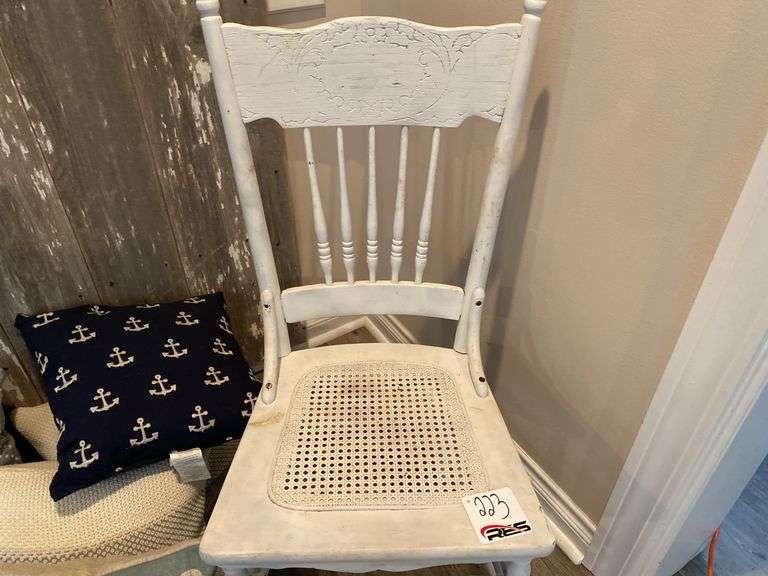 White Wooden Chair w/ Foot Stool & Decorative Pillows