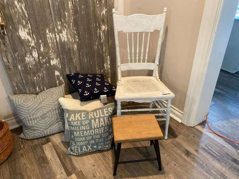 White Wooden Chair w/ Foot Stool & Decorative Pillows