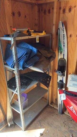 Metal Shelf, Tarps, & Ski Board