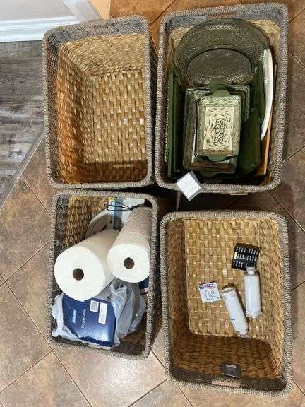 (4) Sea Grass Storage Baskets & Glass Casserole Dishes
