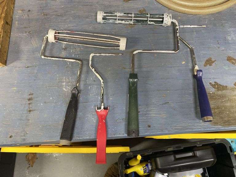 Assorted Paint Supplies & (2) Folding Plastic Saw Horses