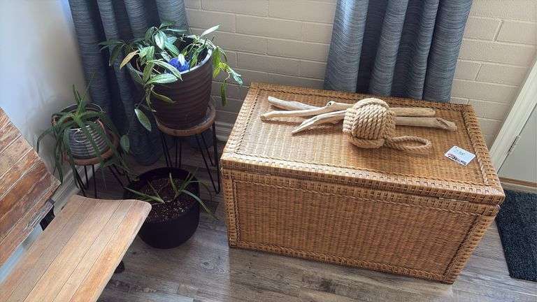 Wooden Chest w/ Misc Decor & Artificial Plants
