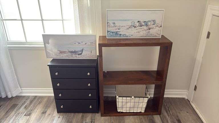 Wooden Dresser, Wooden Shelf, Basket & (2) Decor Paintings