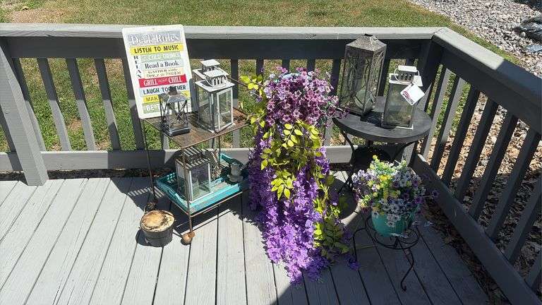 Outdoor Patio Tables w/ Decor & Hurricane Lamps