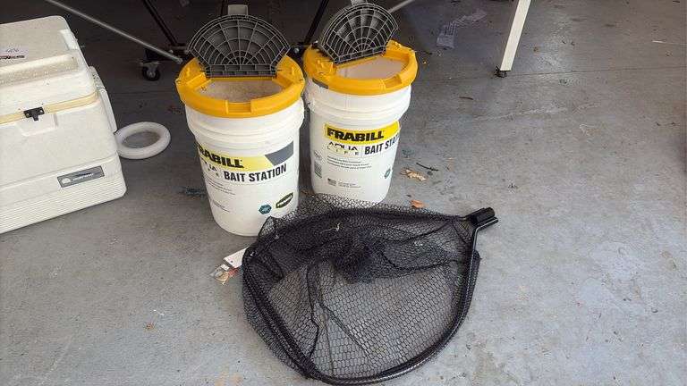 (2) 5 gallon Frabill Bait Station Buckets & Fishing Net