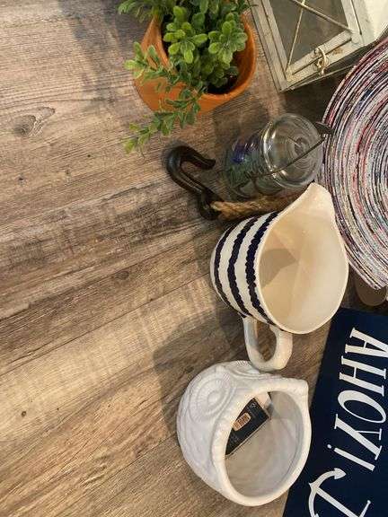 Wire Basket, Hurricane Lamps & Assorted Decor