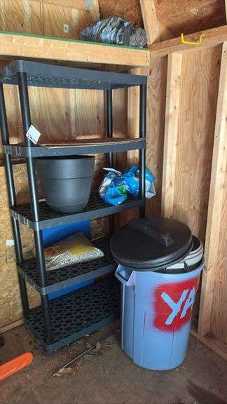 Plastic Shelf, & Trash Cans