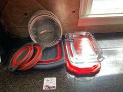 Pyrex Pans w/ Lids, Collapsible & regular strainers
