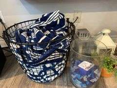 Wire Basket, Hurricane Lamps & Assorted Decor