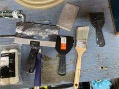 Assorted Paint Supplies & (2) Folding Plastic Saw Horses