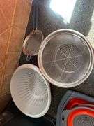 Pyrex Pans w/ Lids, Collapsible & regular strainers