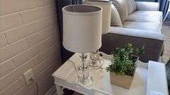 Wooden End Table w/ Lamps, Pillows, & Basket