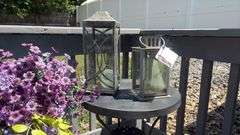 Outdoor Patio Tables w/ Decor & Hurricane Lamps