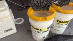 (2) 5 gallon Frabill Bait Station Buckets & Fishing Net