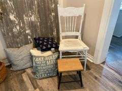 White Wooden Chair w/ Foot Stool & Decorative Pillows