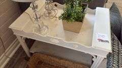 Wooden End Table w/ Lamps, Pillows, & Basket