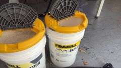 (2) 5 gallon Frabill Bait Station Buckets & Fishing Net