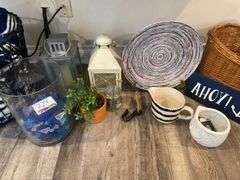 Wire Basket, Hurricane Lamps & Assorted Decor