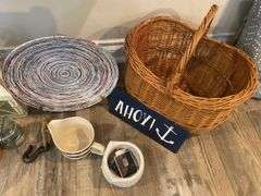 Wire Basket, Hurricane Lamps & Assorted Decor