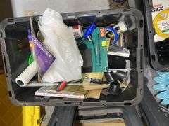 Assorted Paint Supplies & (2) Folding Plastic Saw Horses