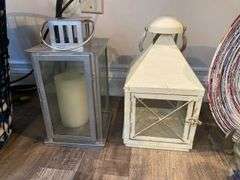 Wire Basket, Hurricane Lamps & Assorted Decor