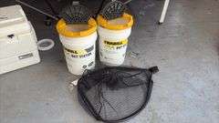 (2) 5 gallon Frabill Bait Station Buckets & Fishing Net