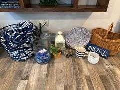 Wire Basket, Hurricane Lamps & Assorted Decor