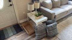 Wooden End Table w/ Lamps, Pillows, & Basket