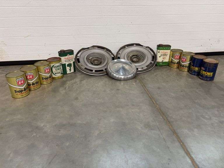 (2) Vintage SS Hub Caps (1) Vintage Ford Hub Cap, (10) 1 Quart Oil Cans