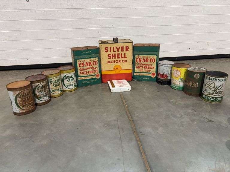 Silver Shell Motor Oil, En-Ar-Co Anti Freeze, (8) Vintage 1 Quart Oil Cans