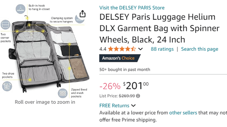 DELSEY Luggage Garment Bag W/ Wheels, 24", Like New