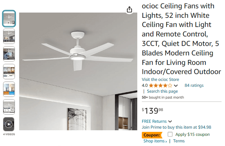 ocioc Ceiling Fans with Lights and Remote, 52 inch White, Open Box