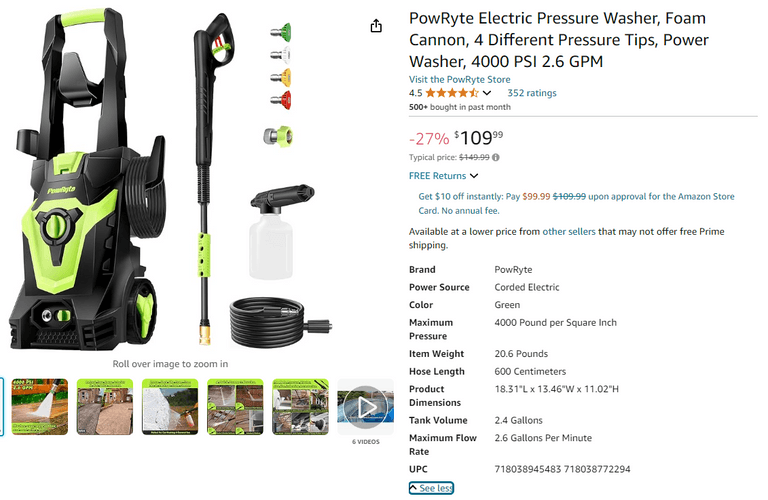 PowRyte Electric Pressure Washer, Open Box