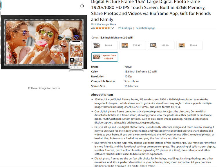 Youyu Digital Picture Frame, 15.6", Like New