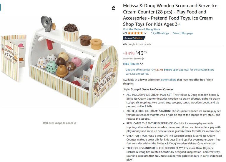 Melissa & Doug Scoop & Serve Wooden Ice Cream Counter Toy, Like New
