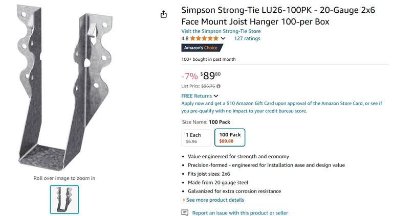 Simpson Strong-Tie LU26-100PK - 20-Gauge 2x6 | Like New