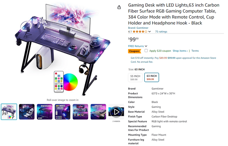 Gamtimer Gaming Desk With LED Lights,55 Inch Carbon Fiber Surface RGB Gaming Computer Table, 384 Color Mode With Remote Control, Cup Holder And Headphone Hook - Black